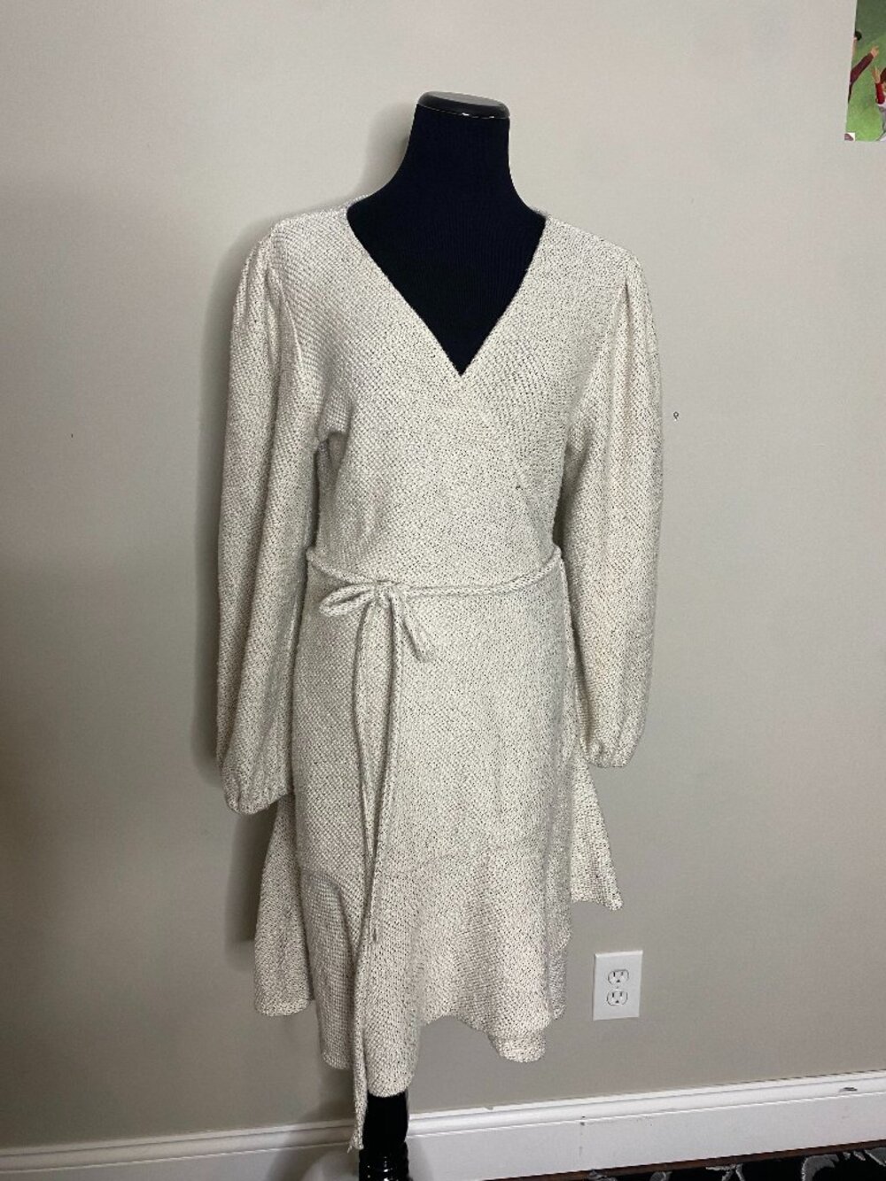 Anthropologie Diana Beige Knit Sweater wrap dress. Bell sleeves. SZ Large